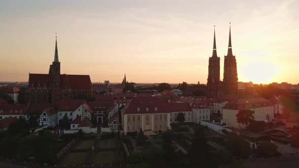 Drone Flight Over Tumski Island and Cathedral of St John in Wroclaw at Sunrise