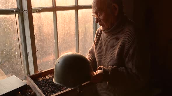 Elderly Man Glasses Picks Up Military Helmet Brushing Dust Off in House Window