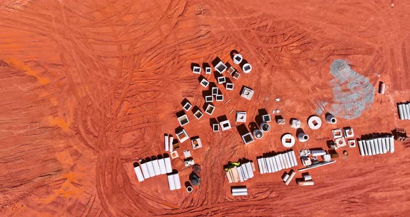 Aerial Top View on Construction Site the Concrete Sanitary Sewer Pipes Storm Drain Systems of an