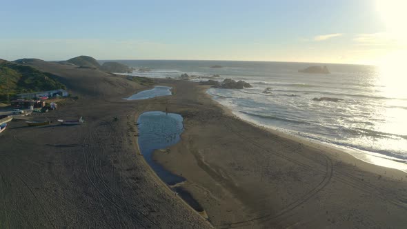 Matanzas Beach Sunset shot, famous wind surf sport, travel in drone shot. kite surf topocalma and p