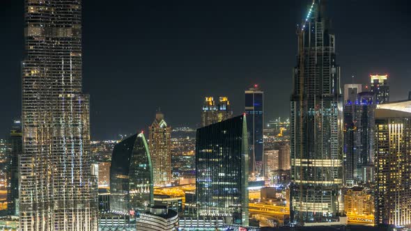 Scenic Dubai Downtown Skyline Timelapse at Night