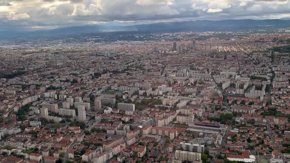 Aerial view of the city of Lyon in France during sunset.