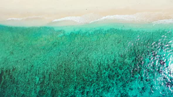 Aerial above seascape of paradise coastline beach lifestyle by shallow sea with white sand backgroun