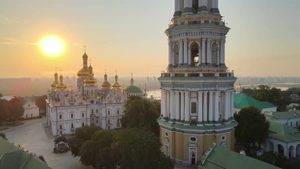 Kyiv-Pechersk Lavra in the Morning at Sunrise. Ukraine. Aerial View