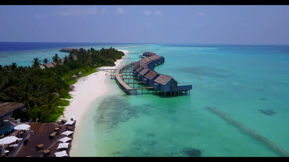 Aerial drone texture of idyllic bay beach adventure by blue sea with white sand background of journe