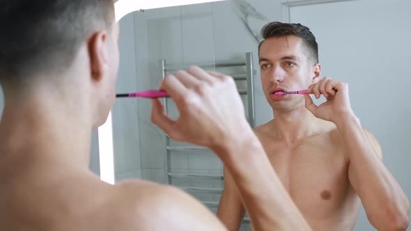 Mirror Reflection Young Bare Man Brushing His Teeth Toothbrush Toothpaste Morning Doing Hygiene