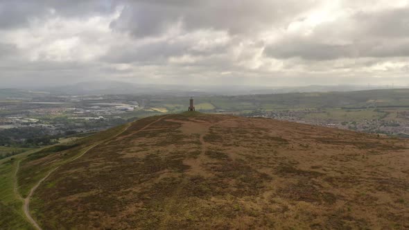 Aerial footage over Darwen Tower in Lancashire, England