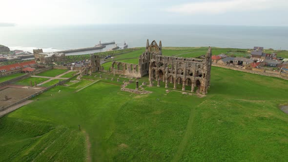 Aerial View Of Whitby Abbey With Green Lawn In North Yorkshire, England, UK.