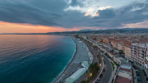 Panorama Over Nice City and Mediterranean Sea Aerial Day To Night Timelapse