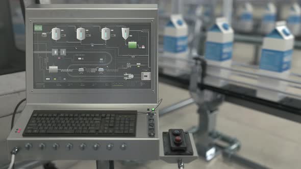 Computer program is supervising the milk manufacturing process at the factory alt