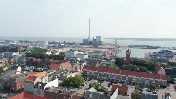 Aerial View Over the City of Esbjerg with His Harbor and the Chimney of the Coal and Oil Fueled