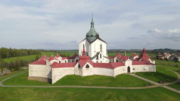 Aerial Drone footage of Pilgrimage Church of Saint John of Nepomuk in Zdar nad Sazavou, Czech republ