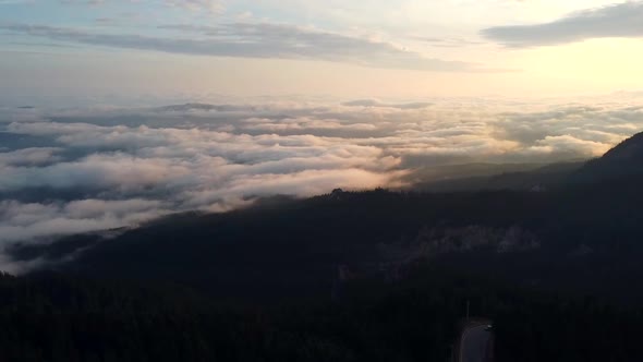 Morning Cloud Courtain In Mountains Aerial View