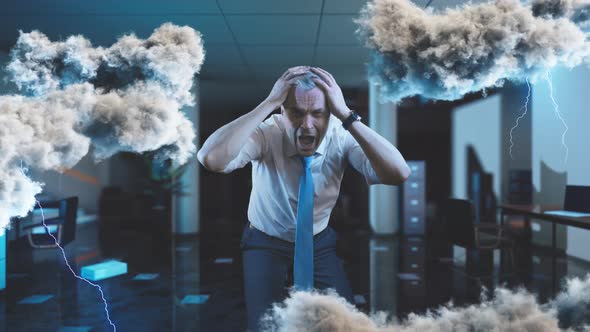 Stressed Businessman Amidst Thunderclouds in Office