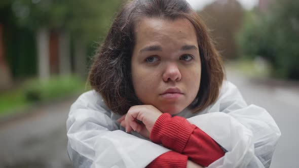 Closeup Charming Depressed Little Woman Looking Away Thinking Outdoors