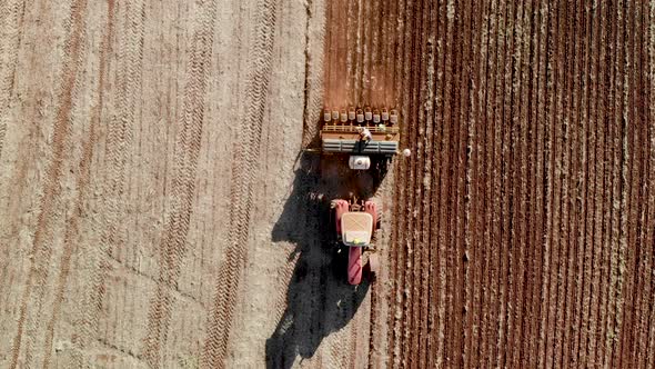 Aerial view shot of a farmer in tractor seeding, sowing agricultural crops at field