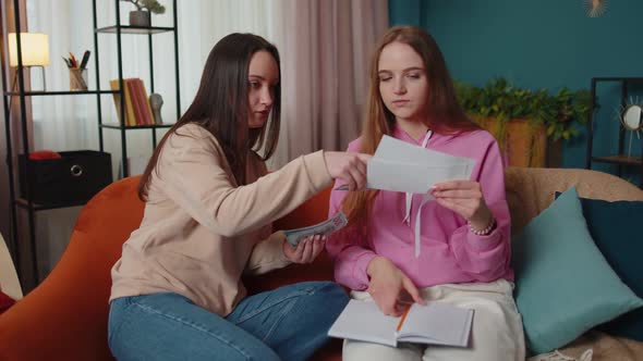 Girls Siblings Checking Household Payments Calculating Bills Feels Panic About Bankruptcy Problem