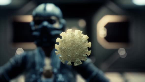 Woman in Protective Medical Mask on Her Face Looking at COVID-19 Coronavirus alt