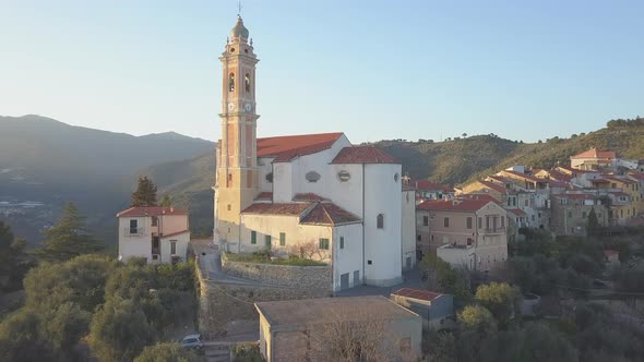 Civezza town and San Marco Evangelista church aerial view in Liguria, Italy, Mediterranean village