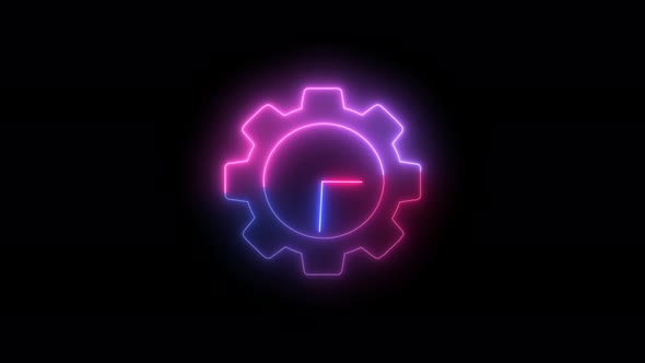 Gear Design Blue Pink Neon Light Clock Isolated On Black Background