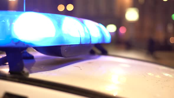 Flashing Flasher on the Roof of a Police Car at Night. Blinker.