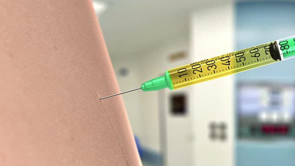 Syringe injecting liquid in light skin human