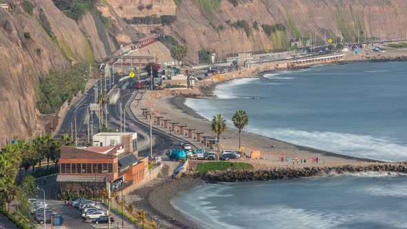 Traffic on Circuito De Playas Road in Miraflores District of Lima Aerial Timelapse