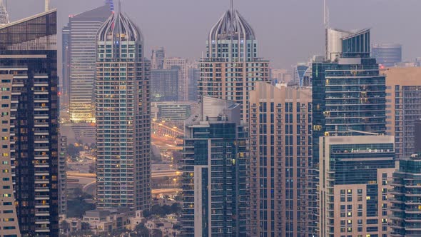 Beautiful Aerial Top View Day to Night Transition Timelapse of Dubai Marina