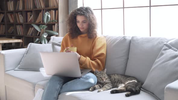 Hispanic Ethnic Teen Girl Watching Movie on Laptop Relaxing on Sofa with Cat