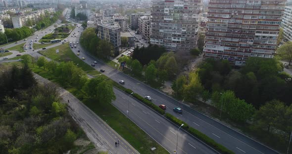 Aerial view of street traffic of the city center. Urban Landscape.