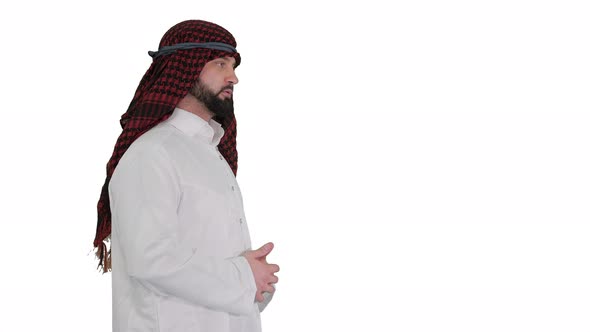 Sheikh Standing and Telling a Story on White Background