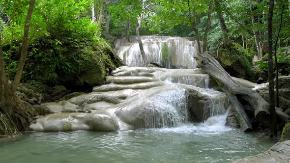 Erawan waterfall level two in National Park, Kanchanaburi, Thailand - Slow motion