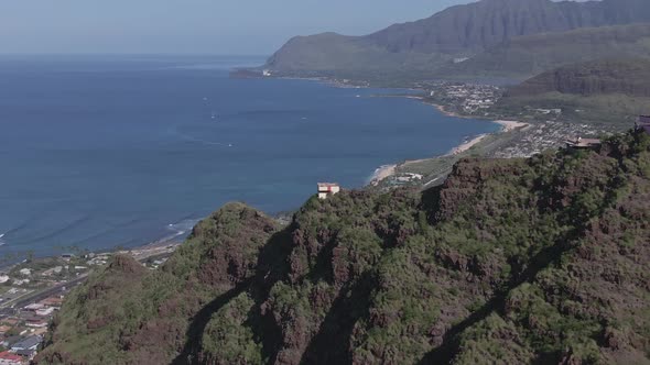 Aerial view of the Pink Pillbox of Maili in Oahu Hawaii on a sunny day