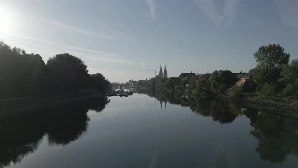 Aerial flight over the old town of Regensburg