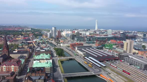 Aerial view of the Malmo Central Station on the background of the cityscape