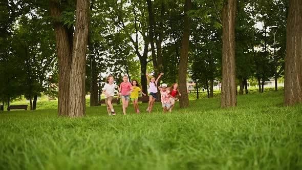 a Group of Preschoolers Running on the Grass Against the Background of the Park and Greenery