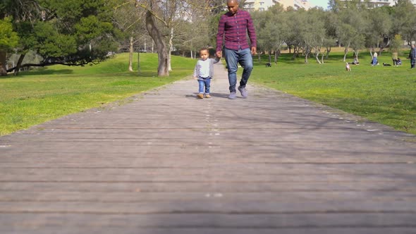 Afro-american Father Walking in Park with Little Mixed-race Son
