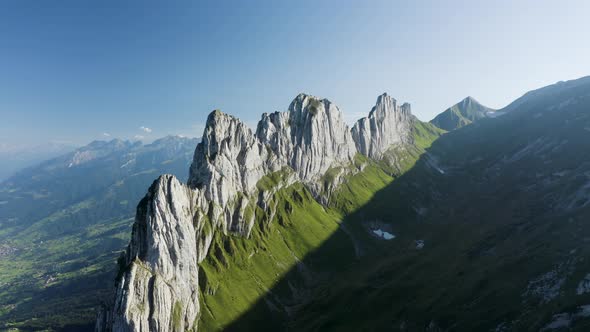 Aerial view of a mountain peak on Swiss Alps, Sax, St. Gallen, Switzerland.