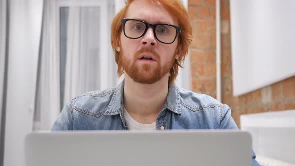 Shaking Head to No, Redhead Beard Man Working on Laptop