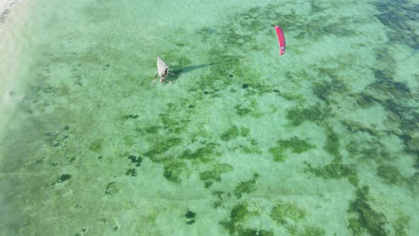 Aerial View of a Boat in the Ocean Near the Coast of Zanzibar Tanzania