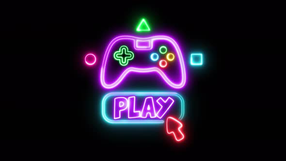 Play neon sign, bright signboard, light banner. Game logo neon, emblem