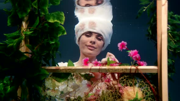 Dream of Fairytale Seamstress Sewing Flowers in Amazing Underwater Garden