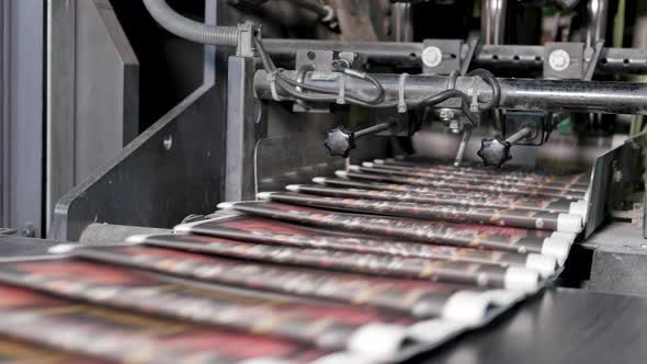 Newspapers at the conveyor belt of a printing factory