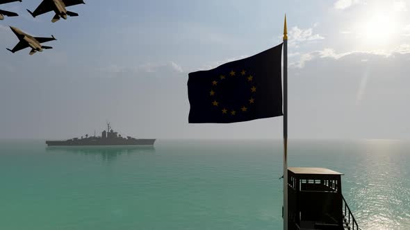 Waving European Union Flag Warship and Passing Warplanes