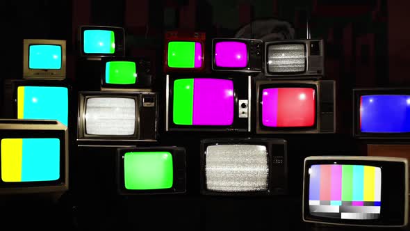 Color Bars Test Pattern on Retro TVs. Zoom Out.