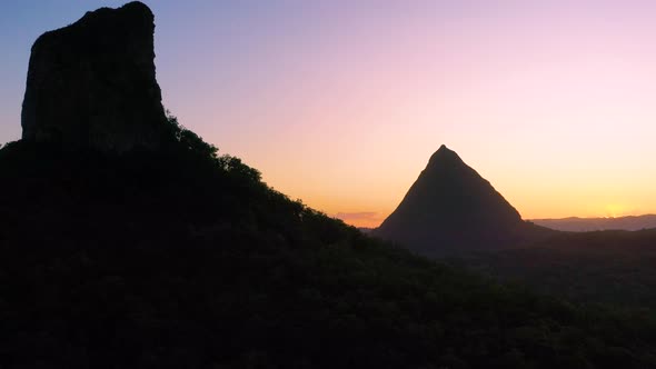 Aerial view of the Glass House Mountains, Sunshine Coast Hinterland.