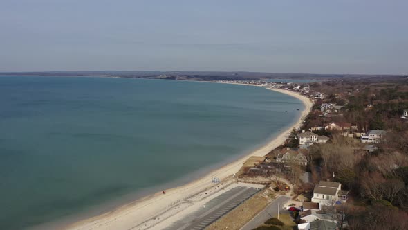 A high angle aerial view over Meschutt Beach on Peconic River, Long Island, NY. The drone camera boo