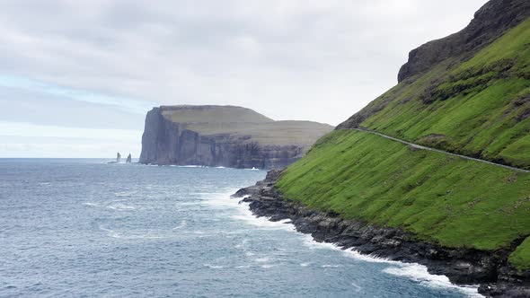 Beautiful Aerial View of Risin and Kellingin the Giant and the Witch View in the Faroe Island