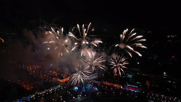 Fireworks in the Night Sky. Aerial View.