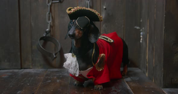 Funny Dachshund Dressed in Pirates Outfit in Wooden Cabin